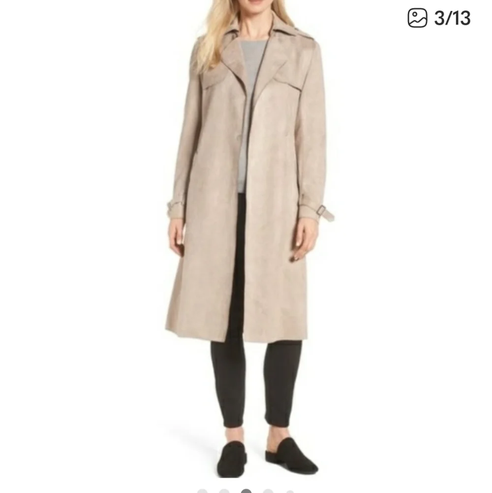 T Tahari Plus Size Mel Faux Suede Classic Trench Coat Light Taupe - Picture 13 of 15